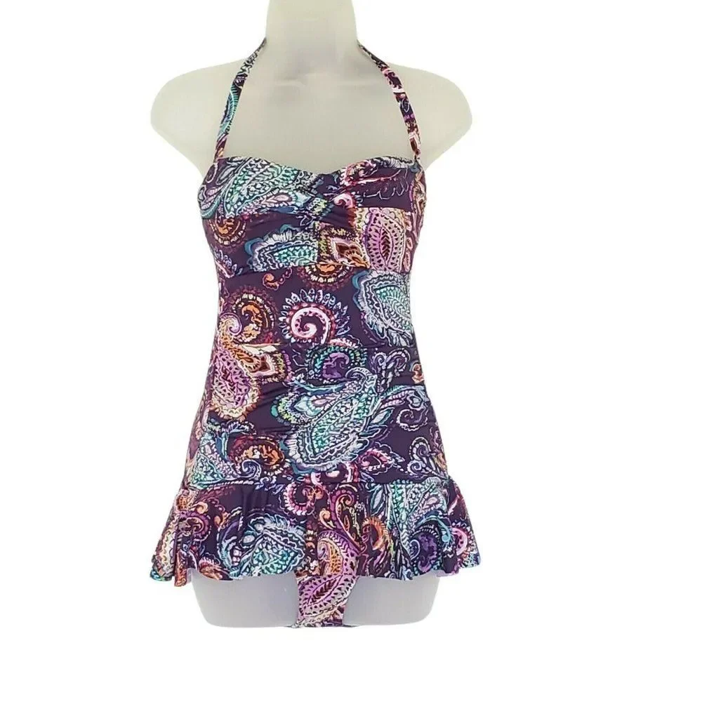 Ralph Lauren‎ Purple Captiva Paisley One Piece Swimsuit Underwire Beach NEW $142